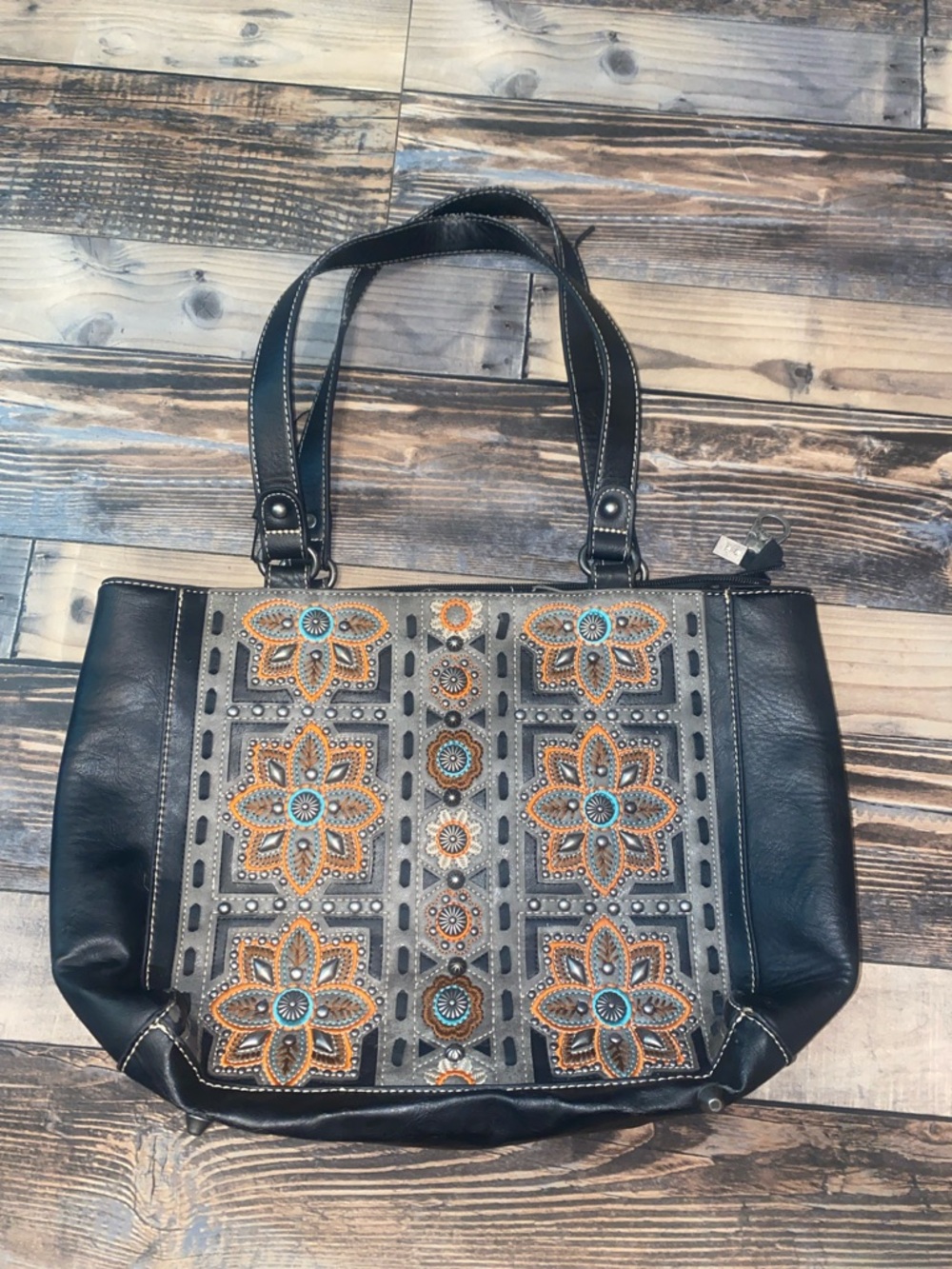 Montana West Black and Gray Floral Embroidered Tote with Turquoise Accents